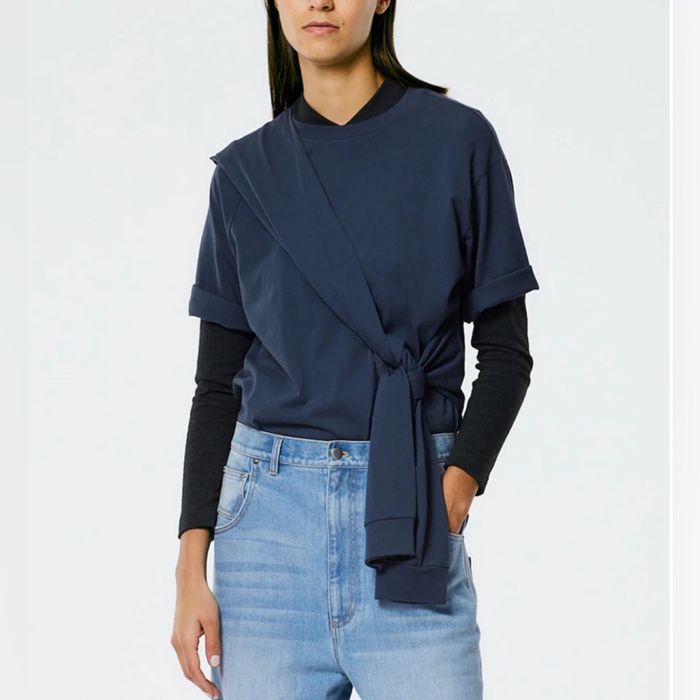 Tibi Tie T-Shirt in Navy Fog - size M